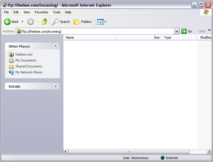 een nieuw venster van de internet explorer bezoekt ftp://ftp.feebee.com/incoming